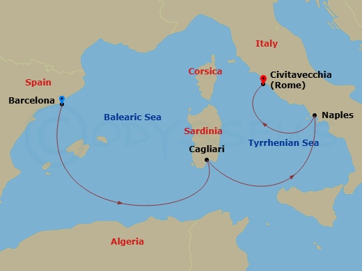 4 Night - Mediterranean from Barcelona to Rome (Civitavecchia) - Costa Toscana - Starting in Barcelona, Cagliari, Napoli, Civitavecchia itinerary map