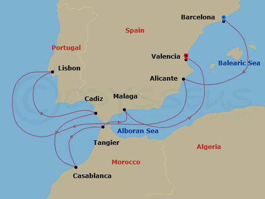 9 Night - Europe from Barcelona to Valencia - Costa Serena - Starting in Barcelona, Spain, Alicante, Spain, Lisbon, Portugal, Cadiz, Spain, Casablanca, Morocco, Tangier, Morocco, Malaga, Spain, Valencia, Spain itinerary map