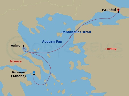 3 Night - Cruise from Athens (Piraeus) to Istanbul - Costa Fortuna - Starting in Piraeus / Athens, Greece, Volos, Greece, Dardanelles Strait, Istanbul, Turkey itinerary map