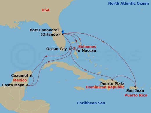 15 Night - Caribbean and Antilles - MSC Grandiosa - Starting in Port Canaveral (Orlando), Florida, Nassau, Bahamas, Ocean Cay Msc Marine Reserve, Bahamas, Cozumel, Mexico, Costa Maya, Mexico, Port Canaveral (Orlando), Florida, Nassau, Bahamas, Ocean Cay Msc Marine Reserve, Bahamas, Puerto Plata, Dominican Republic, San Juan, Puerto Rico, Port Canaveral (Orlando), Florida itinerary map