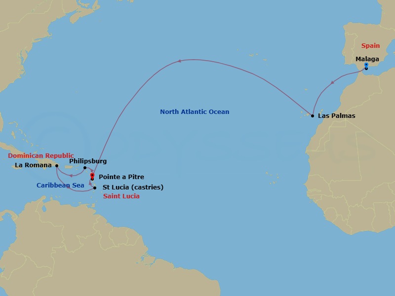 15 Night - Transatlantic from Malaga to Pointe a Pitre - Costa Fascinosa - Starting in Malaga, Spain, Las Palmas, Canary Islands, Guadeloupe (Antilles), St Maarten (Antilles), La Romana, Dominican Republic, Caribbean Sea Darkest Spot, St Lucia (Antilles), Guadeloupe (Antilles) itinerary map