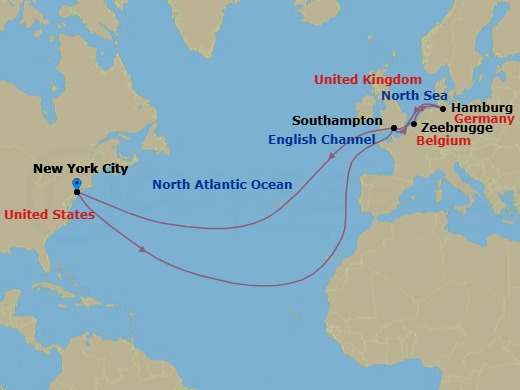 19 Night - Roundtrip Transatlantic Crossing - Queen Mary 2 - Starting in New York, NY, Southampton, England, UK, Zeebrugge (tours to Bruges), Belgium, Hamburg, Germany, Southampton, England, UK, New York, NY itinerary map