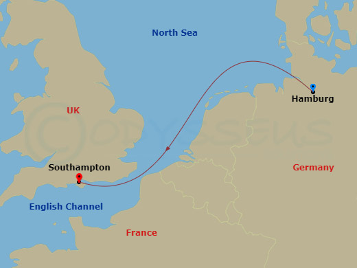 2 Night - Hamburg to Southampton - Queen Mary 2 - Starting in Hamburg, Germany, Southampton, England, UK itinerary map