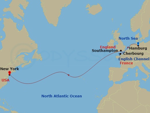10 Night - Westbound Transatlantic Crossing - Queen Mary 2 - Starting in Hamburg, Germany, Cherbourg, France, Southampton, England, UK, New York, NY itinerary map