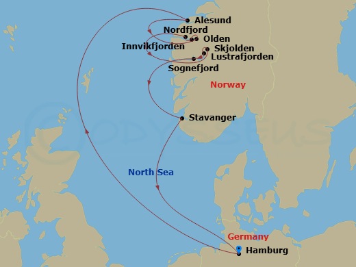 7 Night - Norwegian Fjords - Queen Mary 2 - Starting in Hamburg, Germany, Alesund, Norway, Olden, Norway, Innvikfjorden, Norway (Scenic Cruising), Nordfjord, Norway (Scenic Cruising), Skjolden, Norway, Lustrafjorden, Norway (Scenic Cruising), Sognefjord, Norway (Scenic Cruising), Stavanger, Norway, Hamburg, Germany itinerary map