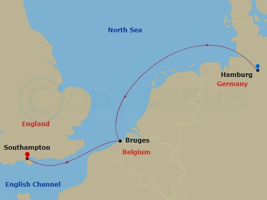 3 Night - Zeebrugge Short Break - Queen Mary 2 - Starting in Hamburg, Germany, Zeebrugge (tours to Bruges), Belgium, Southampton, England, UK itinerary map