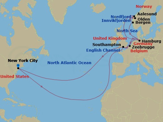 25 Night - Norwegian Fjords - Queen Mary 2 - Starting in New York, NY, Southampton, England, UK, Hamburg, Germany, Bergen, Norway, Olden, Norway, Innvikfjorden, Norway (Scenic Cruising), Nordfjord, Norway (Scenic Cruising), Alesund, Norway, Hamburg, Germany, Zeebrugge (tours to Bruges), Belgium, Southampton, England, UK, New York, NY itinerary map