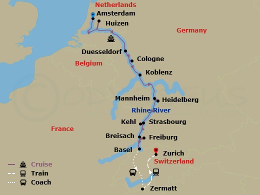 10 Night - Jewels of the Rhine & Glacier Express - Emerald Sun - Starting in Amsterdam, Dusseldorf / Cologne, Koblenz, Mannheim (Heidelberg), Kehl / Strasbourg, Breisach / Freiburg, Basel (Huningue) Zermatt, Zermatt, Zermatt / Zurich, Zurich itinerary map