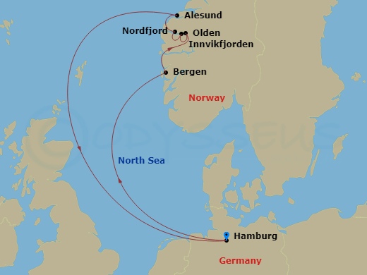 6 Night - Norwegian Fjords - Queen Mary 2 - Starting in Hamburg, Germany, Bergen, Norway, Olden, Norway, Innvikfjorden, Norway (Scenic Cruising), Nordfjord, Norway (Scenic Cruising), Alesund, Norway, Hamburg, Germany itinerary map