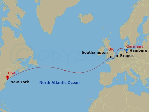10 Night - Westbound Transatlantic Crossing - Queen Mary 2 - Starting in Hamburg, Germany, Zeebrugge (tours to Bruges), Belgium, Southampton, England, UK, New York, NY itinerary map