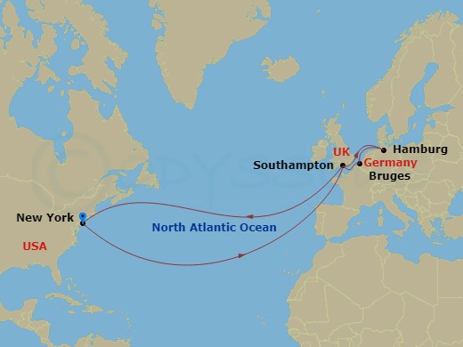 19 Night - Roundtrip Transatlantic Crossing - Queen Mary 2 - Starting in New York, NY, Southampton, England, UK, Hamburg, Germany, Zeebrugge (tours to Bruges), Belgium, Southampton, England, UK, New York, NY itinerary map