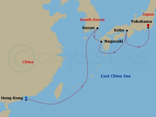 8 Night - Best of Japan & South Korea - Spectrum of the Seas - Starting in Hong Kong, China, Busan, South Korea, Nagasaki, Japan, Kobe, Japan, Tokyo (Yokohama), Japan itinerary map