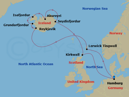 12 Night - Northern Europe Roundtrip from Hamburg - Costa Favolosa - Starting in Hamburg, Lerwick, Reykjavik, Grundafjord, Iceland, Isafjord, Iceland, Akureyri, Seydhisfjords, Kirkwall, Hamburg itinerary map