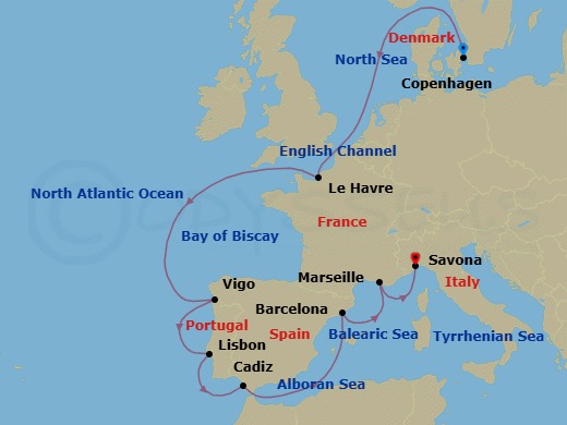 11 Night - Europe from Copenhagen to Savona - Costa Diadema - Starting in Copenhagen, Le Havre, Vigo, Lisbon, Cadice, Barcelona, Marseille, Savona itinerary map