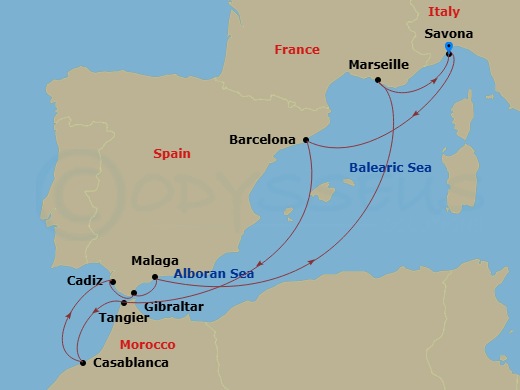 10 Night - Mediterranean Roundtrip from Savona - Costa Diadema - Starting in Savona, Barcelona, Tangier, Casablanca, Cadice, Gibraltar, Malaga, Marseille, Savona itinerary map