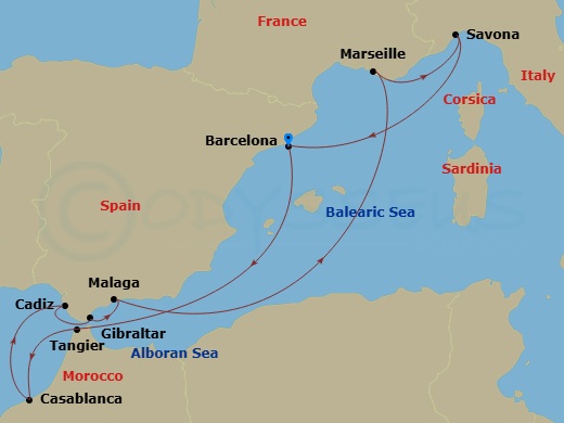 10 Night - Southern Europe Roundtrip from Barcelona - Costa Diadema - Starting in Barcelona, Tangier, Casablanca, Cadice, Gibraltar, Malaga, Marseille, Savona, Barcelona itinerary map
