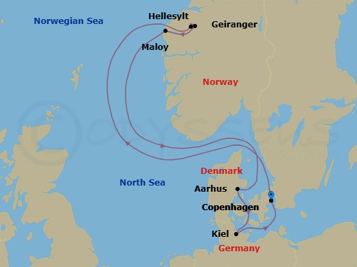 7 Night - Europe Roundtrip from Copenhagen - Costa Diadema - Starting in Copenhagen, Hellesylt Tech Call, Geiranger, Norway, Maloy, Aarhus, Kiel, Copenhagen itinerary map