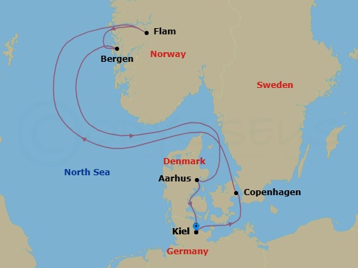 7 Night - Western Europe Roundtrip from Kiel - Costa Diadema - Starting in Kiel, Copenhagen, Flam, Norway, Bergen, Aarhus, Kiel itinerary map