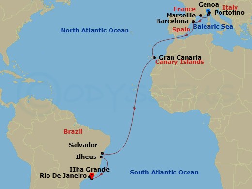 16 Night - Msc Grand Voyages - MSC Divina - Starting in Genoa (Portofino), Italy, Marseille (Provence), France, Barcelona, Spain, Las Palmas de Gran Canaria (Canary Islands), Spain, Salvador, Brazil, Ilheus, Brazil, Ilha Grande, Brazil, Rio De Janeiro, Brazil itinerary map
