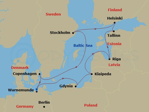 10 Night - Northern Europe - MSC Magnifica - Starting in Warnemunde (Berlin), Germany, Gdynia (Gdansk), Poland, Klaipeda, Lithuania, Riga, Latvia, Tallinn, Estonia, Helsinki, Finland, Stockholm, Sweden, Copenhagen, Denmark, Warnemunde (Berlin), Germany itinerary map