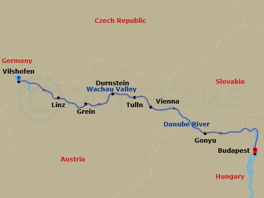 7 Night - Danube River - Vienna & Budapest - Celebrity Compass - Starting in Vilshofen, Germany, Linz, Austria, Grein, Austria, Wachau Scenic, Durnstein, Austria, Tulln, Austria, Vienna, Austria, Gonyu, Hungary, Scenic Budapest, Budapest, Hungary itinerary map