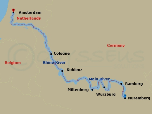 7 Night - Rhine River - Amsterdam New Year's - Celebrity Compass - Starting in Nuremberg, Germany, Bamberg, Germany, Wurzburg, Germany, Miltenberg, Germany, Scenic Rhine, Koblenz, Germany, Cologne, Germany, Amsterdam, Netherlands itinerary map