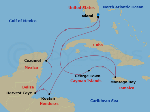 9 Night - Calypso Sunsets - Oceania Vista - Starting in Miami, George Town, Montego Bay, Roatan, Harvest Caye, Cozumel, Mexico, Miami itinerary map