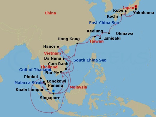 31 Night - Southeast Asia & Japan with Halong Bay - Diamond Princess - Starting in Singapore, Kuala Lumpur (Port Kelang), Malaysia, Langkawi, Malaysia, Penang, Malaysia, Phuket, Thailand, Cam Ranh (Nha Trang), Vietnam, Halong Bay / Hanoi (Cai Lan), Vietnam, Scenic Cruising Halong Bay, Da Nang / Hue (Chan May), Vietnam, Ho Chi Minh City (Phu My), Vietnam, Singapore, Ho Chi Minh City (Phu My), Vietnam, Da Nang / Hue (Chan May), Vietnam, Hong Kong, Taipei (Keelung), Ishigaki, Japan, Okinawa, Japan, Kochi, Japan, Kobe (for Kyoto), Japan, Tokyo (Yokohama), Japan itinerary map