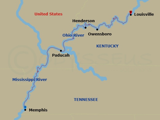 7 Night - Mississippi & Ohio River Explorer - Viking Mississippi - Starting in Memphis, Tennessee, Scenic Sailing Lower Mississippi, Paducah, Kentucky, Henderson, Kentucky, Owensboro, Kentucky, Louisville, Kentucky itinerary map
