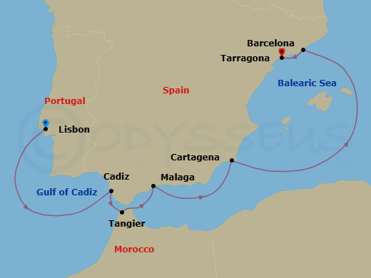7 Night - Spain & Portugal Discovery - Viking Saturn - Starting in Lisbon, Seville (Cadiz), Tangier, Granada (Malaga), Murcia (Cartagena ES, Spain), Barcelona, Barcelona (Tarragona) itinerary map
