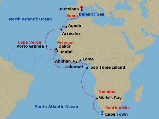 24 Night - West Africa Passage - Seven Seas Navigator - Starting in Cape Town, Cruising the Atlantic Ocean, Walvis Bay, Cruising the Atlantic Ocean, Sao Tome, Cruising the Gulf of Guinea, Lome, Takoradi, Abidjan, Cruising the Atlantic Ocean, Banjul, Dakar, Cruising the Atlantic Ocean, Mindelo (Porto Grande), Cruising the Atlantic Ocean, Arrecife (Lanzarote), Agadir, Cruising the Atlantic Ocean, Cruising the Mediterranean Sea, Barcelona itinerary map