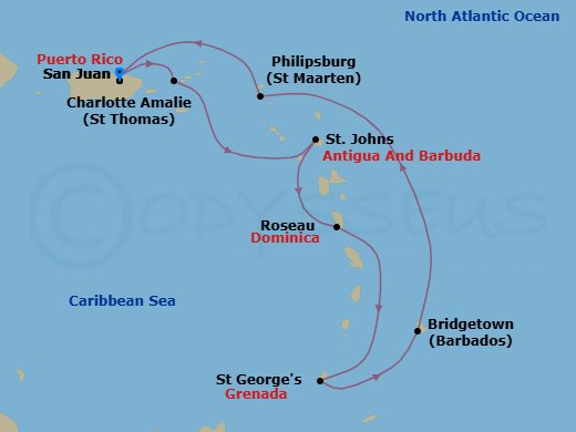 8 Night - Southern Caribbean Holiday - Vision of the Seas - Starting in San Juan, Puerto Rico, Charlotte Amalie, St Thomas, St Johns AG, Antigua, Roseau, Dominica, St Georges, Grenada, Bridgetown, Barbados, Philipsburg, St Maarten, San Juan, Puerto Rico itinerary map
