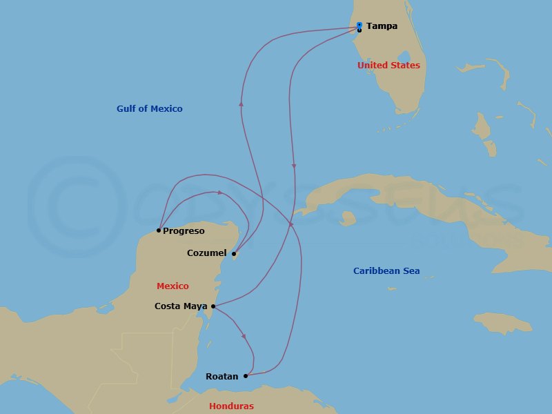 8 Night - Western Caribbean Cruise - Serenade of the Seas - Starting in Tampa, Florida, Puerto Costa Maya, Mexico, Roatan, Honduras, Yucatan (Progreso), Mexico, Cozumel, Mexico, Tampa, Florida itinerary map