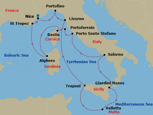 14 Night - Nice to Nice - Silver Shadow - Starting in Nice, Saint Tropez, Alghero, Sardinia, Bastia, Corsica, Portoferraio (Elba), Porto Santo Stefano, Salerno, Giardini Naxos (Sicily), Valletta, Trapani, Sicily, Livorno (Tuscany), Portofino, Nice itinerary map