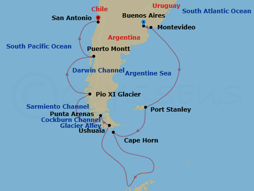 15 Night - South America Pathways : Chilean Fjords & Glaciers - Nieuw Amsterdam - Starting in Buenos Aires, Argentina, Montevideo, Uruguay, Port Stanley, Falkland Islands, Scenic Cruising Cape Horn, Ushuaia, Argentina, Beagle Channel, Scenic Cruising Glacier Alley, Punta Arenas, Chile, Strait of Magellan, Scenic cruising Sarmiento Channel, Cockburn Channel, Pio XI Glacier (Bruggen Glacier), Chile, Scenic cruising Darwin Channel, Puerto Montt, Chile, San Antonio CL (Santiago), Chile itinerary map