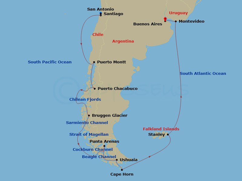 15 Night - South America Pathways : Chilean Fjords & Glaciers - Nieuw Amsterdam - Starting in San Antonio CL (Santiago), Chile, Puerto Montt, Chile, Puerto Chacabuco, Chile, Cruising Chilean Fjords, Pio XI Glacier (Bruggen Glacier), Chile, Scenic cruising Sarmiento Channel, Strait of Magellan, Punta Arenas, Chile, Cockburn Channel, Beagle Channel, Daylight cruising Glacier Alley, Ushuaia, Argentina, Scenic Cruising Cape Horn, Port Stanley, Falkland Islands, Montevideo, Uruguay, Buenos Aires, Argentina itinerary map