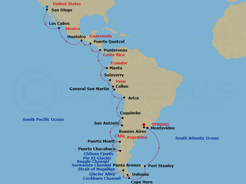 36 Night - Inca Coast Discovery Collectors' Voyage - Nieuw Amsterdam - Starting in San Diego, California, Cabo San Lucas, Mexico, Huatulco, Mexico, Puerto Quetzal, Guatemala, Puntarenas (Puerto Caldera), Costa Rica, Crossing the Equator, Manta, Ecuador, Salaverry (Trujillo), Peru, Callao (Lima), Peru, General San Martin (Pisco), Peru, Arica, Chile, Coquimbo (La Serena), Chile, San Antonio CL (Santiago), Chile, Puerto Montt, Chile, Puerto Chacabuco, Chile, Cruising Chilean Fjords, Pio XI Glacier (Bruggen Glacier), Chile, Scenic cruising Sarmiento Channel, Strait of Magellan, Punta Arenas, Chile, Cockburn Channel, Beagle Channel, Daylight cruising Glacier Alley, Ushuaia, Argentina, Scenic Cruising Cape Horn, Port Stanley, Falkland Islands, Montevideo, Uruguay, Buenos Aires, Argentina itinerary map