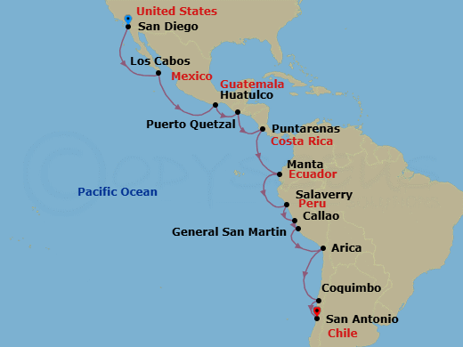 21 Night - Inca Coast Discovery Segment - Nieuw Amsterdam - Starting in San Diego, California, Cabo San Lucas, Mexico, Huatulco, Mexico, Puerto Quetzal, Guatemala, Puntarenas (Puerto Caldera), Costa Rica, Crossing the Equator, Manta, Ecuador, Salaverry (Trujillo), Peru, Callao (Lima), Peru, General San Martin (Pisco), Peru, Arica, Chile, Coquimbo (La Serena), Chile, San Antonio CL (Santiago), Chile itinerary map