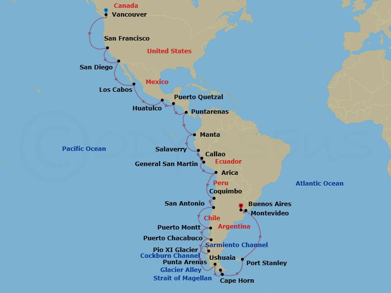 41 Night - Inca Coast Discovery Collectors' Voyage - Nieuw Amsterdam - Starting in Vancouver, BC, CA, San Francisco, California, San Diego, California, Cabo San Lucas, Mexico, Huatulco, Mexico, Puerto Quetzal, Guatemala, Puntarenas (Puerto Caldera), Costa Rica, Crossing the Equator, Manta, Ecuador, Salaverry (Trujillo), Peru, Callao (Lima), Peru, General San Martin (Pisco), Peru, Arica, Chile, Coquimbo (La Serena), Chile, San Antonio CL (Santiago), Chile, Puerto Montt, Chile, Puerto Chacabuco, Chile, Cruising Chilean Fjords, Pio XI Glacier (Bruggen Glacier), Chile, Scenic cruising Sarmiento Channel, Strait of Magellan, Punta Arenas, Chile, Cockburn Channel, Beagle Channel, Daylight cruising Glacier Alley, Ushuaia, Argentina, Scenic Cruising Cape Horn, Port Stanley, Falkland Islands, Montevideo, Uruguay, Buenos Aires, Argentina itinerary map