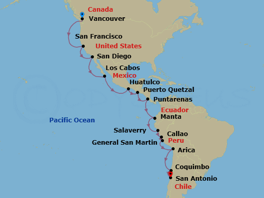 26 Night - Inca Coast : Mexico & Latin America Legendary Voyage - Nieuw Amsterdam - Starting in Vancouver, BC, CA, San Francisco, California, San Diego, California, Cabo San Lucas, Mexico, Huatulco, Mexico, Puerto Quetzal, Guatemala, Puntarenas (Puerto Caldera), Costa Rica, Crossing the Equator, Manta, Ecuador, Salaverry (Trujillo), Peru, Callao (Lima), Peru, General San Martin (Pisco), Peru, Arica, Chile, Coquimbo (La Serena), Chile, San Antonio CL (Santiago), Chile itinerary map