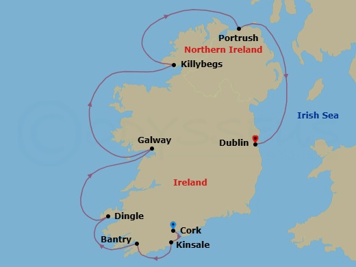 7 Night - Around the Emerald Isle - L'Austral - Starting in Cork, Kinsale, Bantry, Dingle, Galway, Killybegs, Portrush, Dublin itinerary map