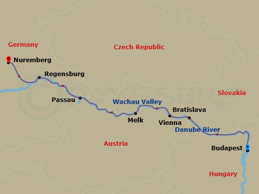 7 Night - Danube River - Christmas Markets - Celebrity Seeker - Starting in Budapest, Hungary, Scenic Budapest, Bratislava, Slovakia, Vienna, Austria, Wachau Scenic, Melk, Austria, Passau, Germany, Regensburg, Germany, Nuremberg, Germany itinerary map