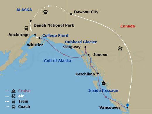 14 Night - Denali & Yukon Y2c - Tour Y2c - Nieuw Amsterdam Tours - Starting in Vancouver, BC, CA, Scenic Cruising the Inside Passage, Ketchikan, Alaska, Juneau, Alaska, Skagway, Alaska, Cruising Hubbard Glacier, College Fjord, Whittier, Alaska, Anchorage, Alaska, Denali National Park, Dawson City, Vancouver, BC, CA itinerary map