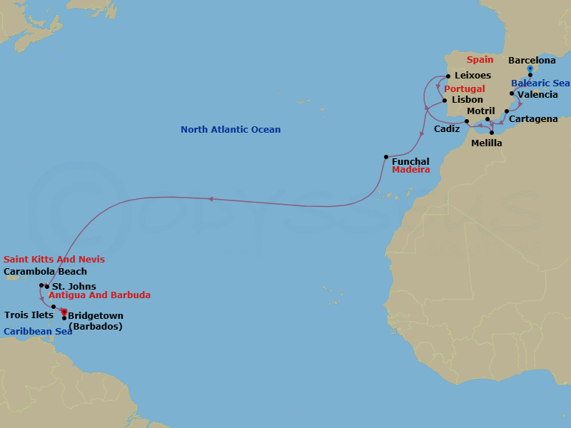 21 Night - Atlantic Crossing & Iberian Peninsula - Seabourn Ovation - Starting in Barcelona, Spain, Valencia, Spain, Cartagena ES, Motril (Granada), Spain, Melilla, Spanish Morocco, Spain, Cadiz (Seville), Spain, Leixoes (Porto), Portugal, Lisbon, Portugal, Funchal (Madeira), Portugal, St Johns AG, Antigua, Carambola Beach, Saint Kitts and Nevis, Trois Ilets, Martinique, Bridgetown, Barbados itinerary map