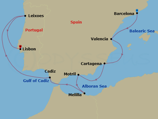8 Night - Spanish Morocco, Spanish Riviera & Portugal - Seabourn Ovation - Starting in Barcelona, Spain, Valencia, Spain, Cartagena ES, Motril (Granada), Spain, Melilla, Spanish Morocco, Spain, Cadiz (Seville), Spain, Leixoes (Porto), Portugal, Lisbon, Portugal itinerary map