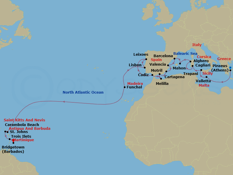 28 Night - Mediterranean Medley & Atlantic Crossing - Seabourn Ovation - Starting in Piraeus (Athens), Greece, Valletta, Malta, Trapani, Italy, Cagliari, Sardinia, Italy, Alghero, Italy, Mahon, Menorca, Spain, Barcelona, Spain, Valencia, Spain, Cartagena ES, Motril (Granada), Spain, Melilla, Spanish Morocco, Spain, Cadiz (Seville), Spain, Leixoes (Porto), Portugal, Lisbon, Portugal, Funchal (Madeira), Portugal, St Johns AG, Antigua, Carambola Beach, Saint Kitts and Nevis, Trois Ilets, Martinique, Bridgetown, Barbados itinerary map