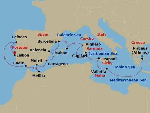15 Night - Malta, Italy, Spain & Portugal - Seabourn Ovation - Starting in Piraeus (Athens), Greece, Valletta, Malta, Trapani, Italy, Cagliari, Sardinia, Italy, Alghero, Italy, Mahon, Menorca, Spain, Barcelona, Spain, Valencia, Spain, Cartagena ES, Motril (Granada), Spain, Melilla, Spanish Morocco, Spain, Cadiz (Seville), Spain, Leixoes (Porto), Portugal, Lisbon, Portugal itinerary map