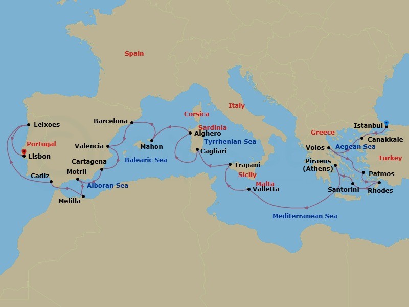 22 Night - Mediterranean Mosaic : Turkey, Greece, Italy & Spain - Seabourn Ovation - Starting in Istanbul, Turkey, Canakkale, Turkey, Volos, Greece, Patmos, Greece, Rhodes, Greece, Santorini, Greece, Piraeus (Athens), Greece, Valletta, Malta, Trapani, Italy, Cagliari, Sardinia, Italy, Alghero, Italy, Mahon, Menorca, Spain, Barcelona, Spain, Valencia, Spain, Cartagena ES, Motril (Granada), Spain, Melilla, Spanish Morocco, Spain, Cadiz (Seville), Spain, Leixoes (Porto), Portugal, Lisbon, Portugal itinerary map