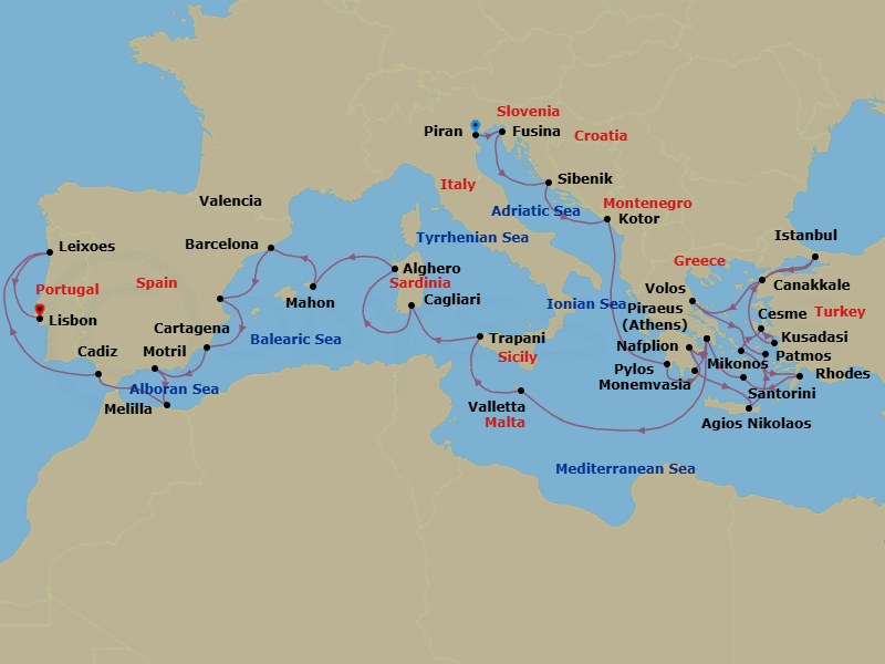 36 Night - Ultimate Mediterranean : from Balkan Gems to Spain - Seabourn Ovation - Starting in Fusina (Venice), Italy, Piran, Slovenia, Vodice (Sibenik), Croatia, Kotor, Montenegro, Pylos, Greece, Nafplion, Greece, Piraeus (Athens), Greece, Monemvasia, Greece, Agios Nikolaos, Crete, Greece, Mykonos, Greece, Cesme, Turkey, Kusadasi (Ephesus), Turkey, Istanbul, Turkey, Canakkale, Turkey, Volos, Greece, Patmos, Greece, Rhodes, Greece, Santorini, Greece, Piraeus (Athens), Greece, Valletta, Malta, Trapani, Italy, Cagliari, Sardinia, Italy, Alghero, Italy, Mahon, Menorca, Spain, Barcelona, Spain, Valencia, Spain, Cartagena ES, Motril (Granada), Spain, Melilla, Spanish Morocco, Spain, Cadiz (Seville), Spain, Leixoes (Porto), Portugal, Lisbon, Portugal itinerary map
