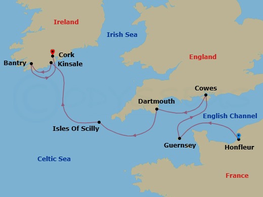 7 Night - British Archipelagos and Celtic Shores - L'Austral - Starting in Honfleur, Guernsey, Channel Islands, Cowes, Dartmouth, Isles of Scilly, Kinsale, Bantry, Cork itinerary map